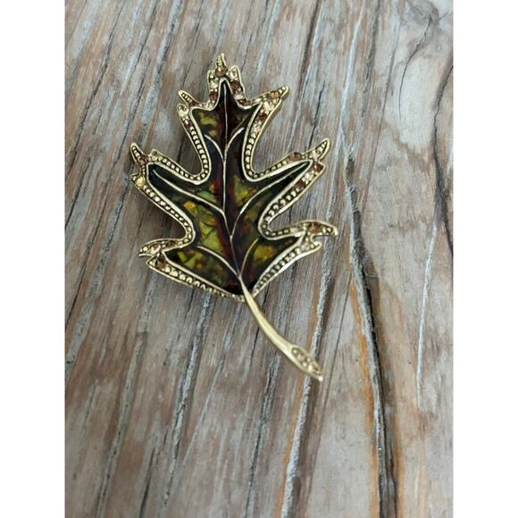 Vintage Signed Liz Claiborne Enamel Rhinestones Fall Autumn Leaf Pin Brooch - Picture 1 of 4